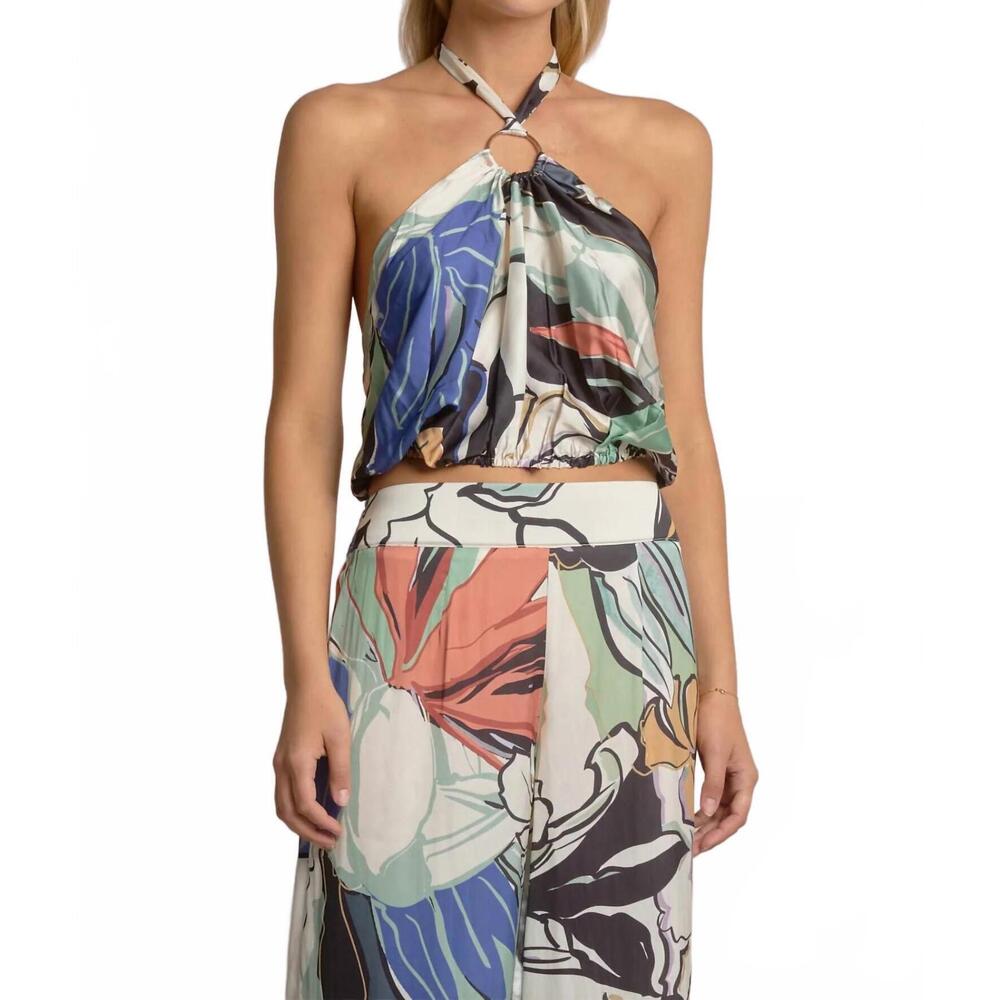 NEW ELAN botanical printed halter top in multi